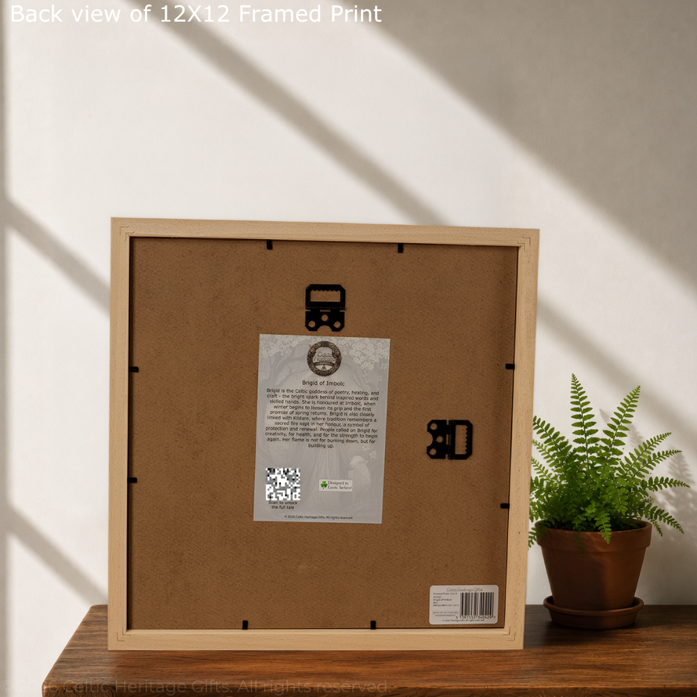 Back view of a 12x12 framed print with a plant on a wooden surface.