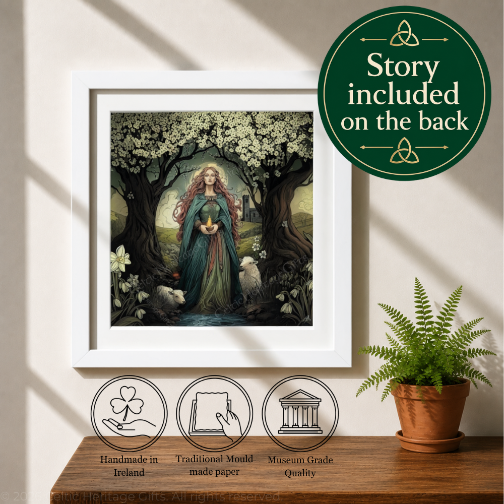 12x12 inch mounted Brigid of Imbolc Irish art print by Ciara Jacob, museum-grade fine art paper, handmade in Ireland, story included on the back