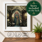 Framed art print featuring a fairy tale forest scene with a woman in a blue cloak standing among trees and sheep, displayed on a wall above a wooden surface with a potted fern. A green circular badge reads 'Story included on the back' and three feature icons mention handmade in Ireland, traditional mould-made paper, and museum-grade quality.