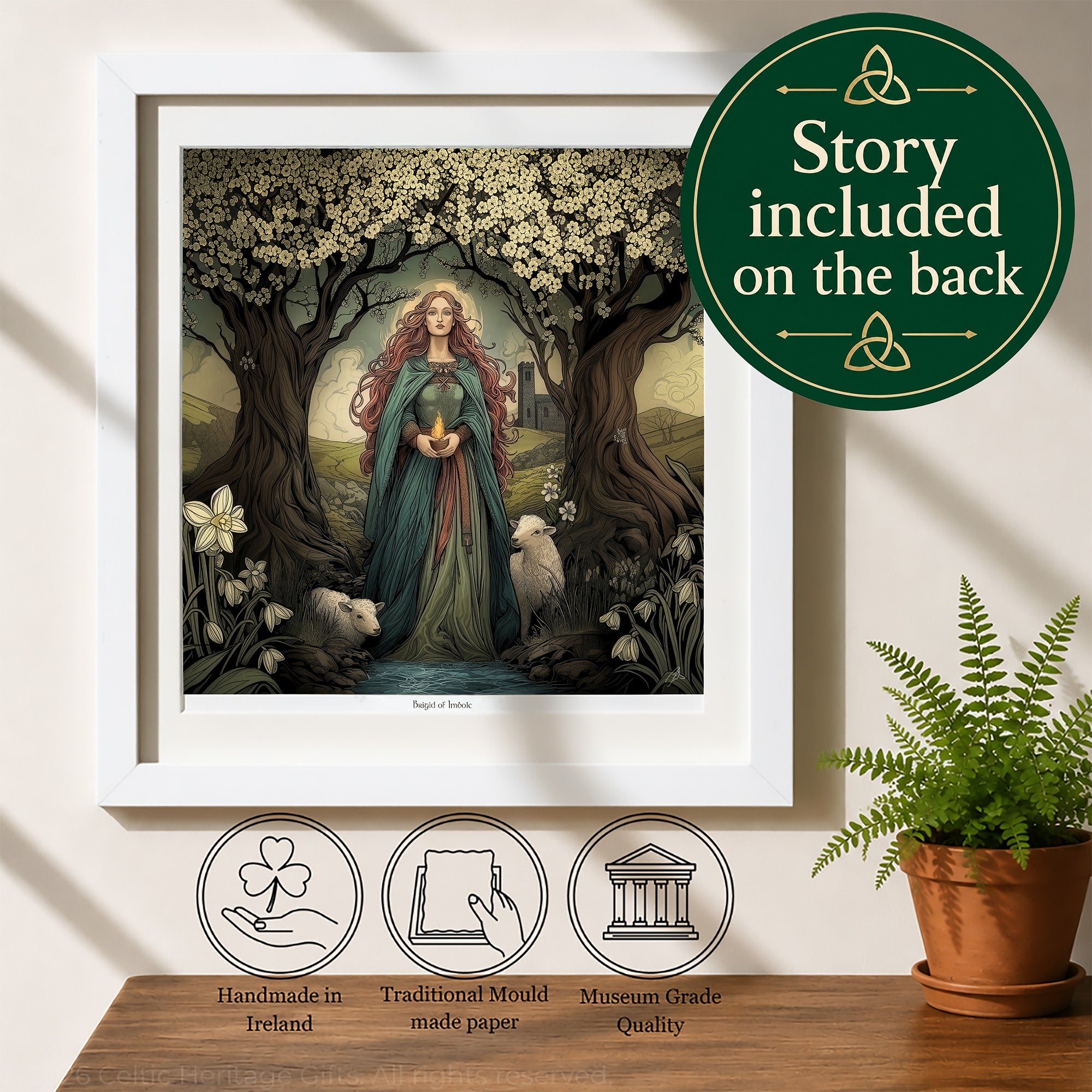 Framed art print featuring a fairy tale forest scene with a woman in a blue cloak standing among trees and sheep, displayed on a wall above a wooden surface with a potted fern. A green circular badge reads 'Story included on the back' and three feature icons mention handmade in Ireland, traditional mould-made paper, and museum-grade quality.