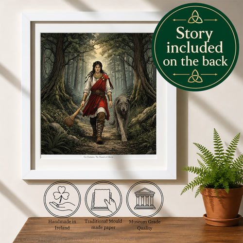 A framed art print featuring a medieval warrior walking through a forest with a wolf, displayed on a tabletop with a potted fern. The image includes a green circular badge stating 'Story included on the back' and three feature icons for handmade in Ireland, traditional mould-made paper, and museum-grade quality.