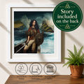 A framed art print featuring a Viking woman in a boat on a dramatic sea scene, displayed on a tabletop with a potted fern and decorative icons. A green circular badge reads 'Story included on the back'.