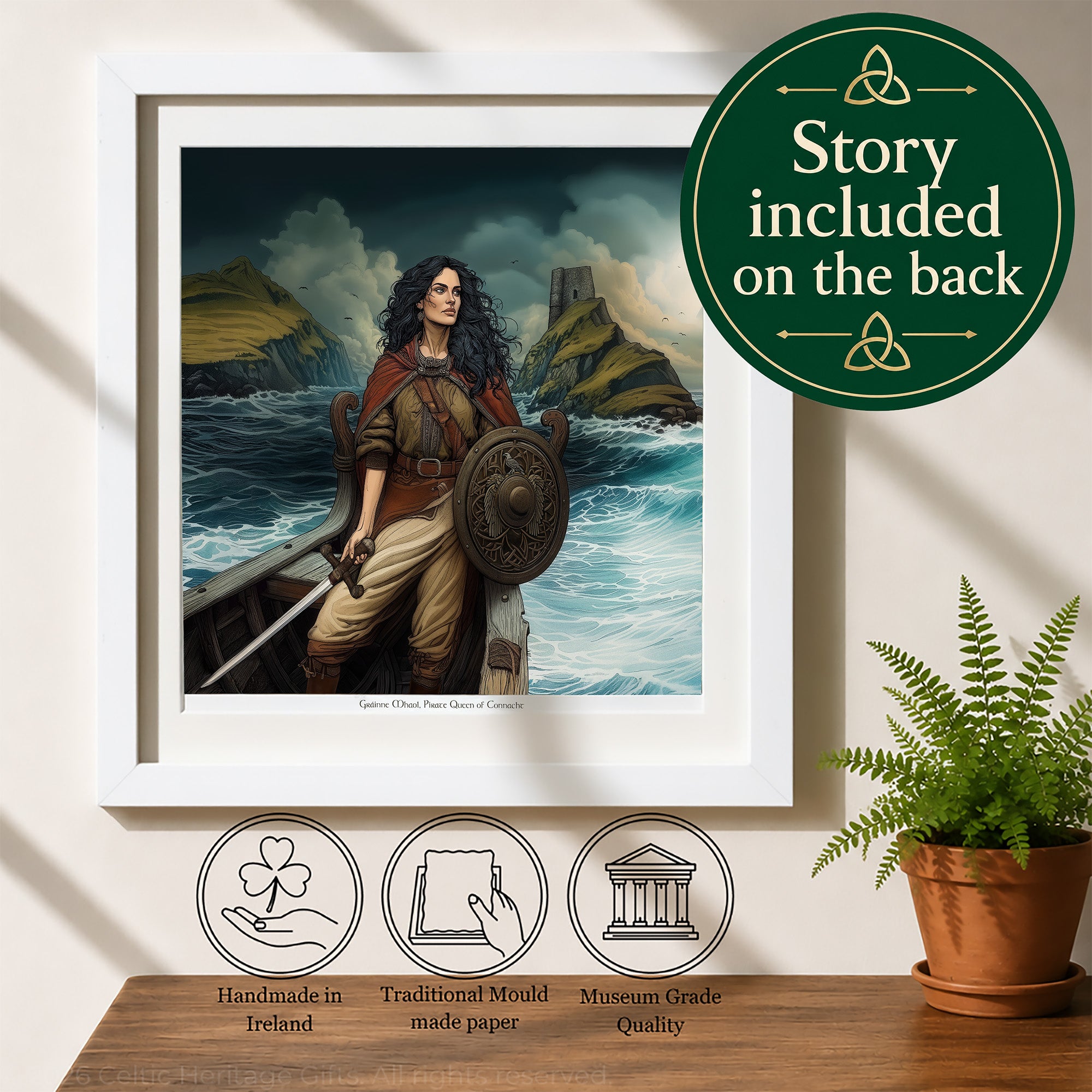 A framed art print featuring a Viking woman in a boat on a dramatic sea scene, displayed on a tabletop with a potted fern and decorative icons. A green circular badge reads 'Story included on the back'.