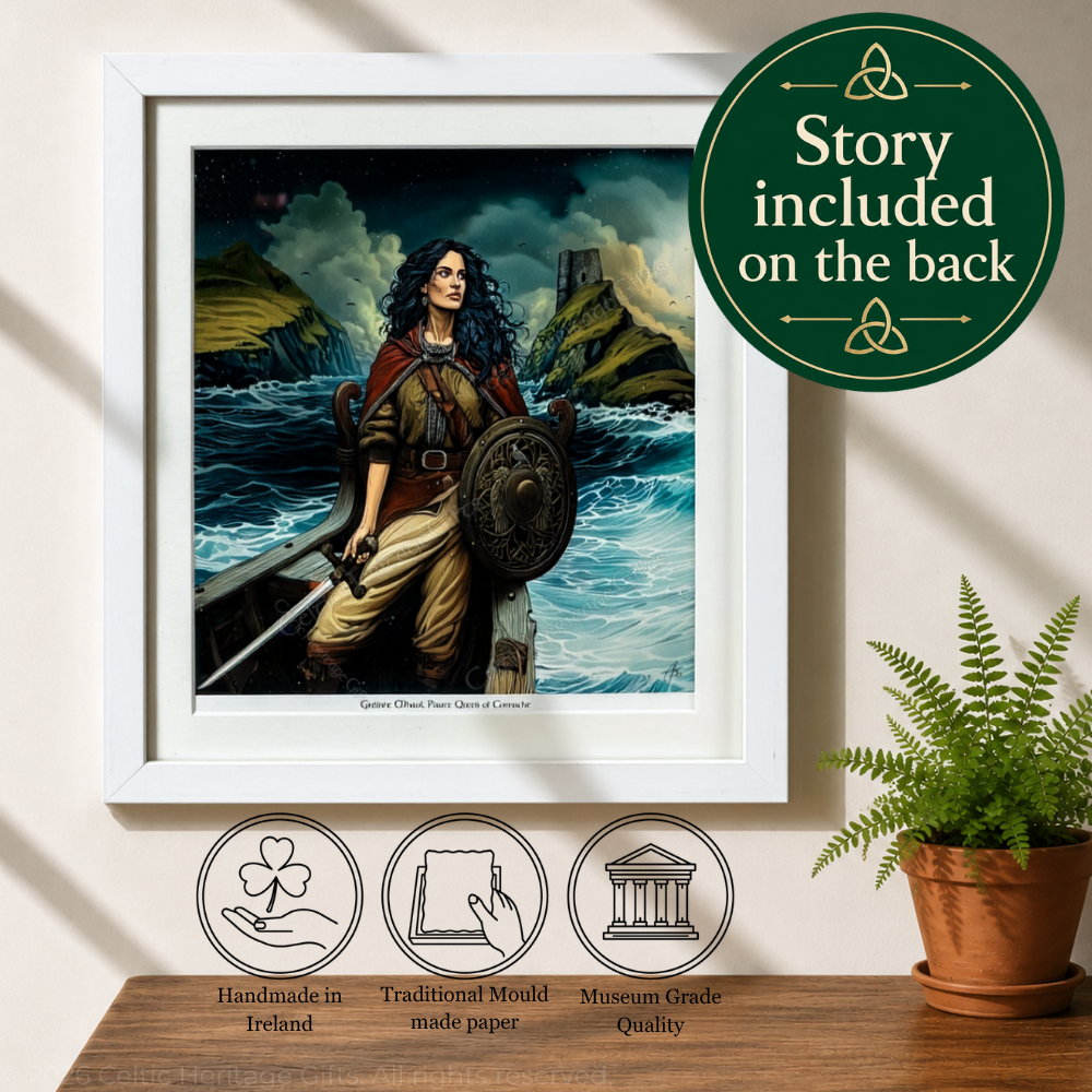12x12 inch framed Gráinne Mhaol (Grace O’Malley) Irish wall art print by Ciara Jacob, Pirate Queen of Connacht on boat with Kildavnet Castle Mayo, handmade frame made in Ireland, story included