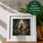 A framed art print featuring a fantasy illustration of a warrior with a sword and shield walking through a forest with a wolf, displayed on a wooden surface. The frame is white, and the background includes decorative plants and informational graphics.