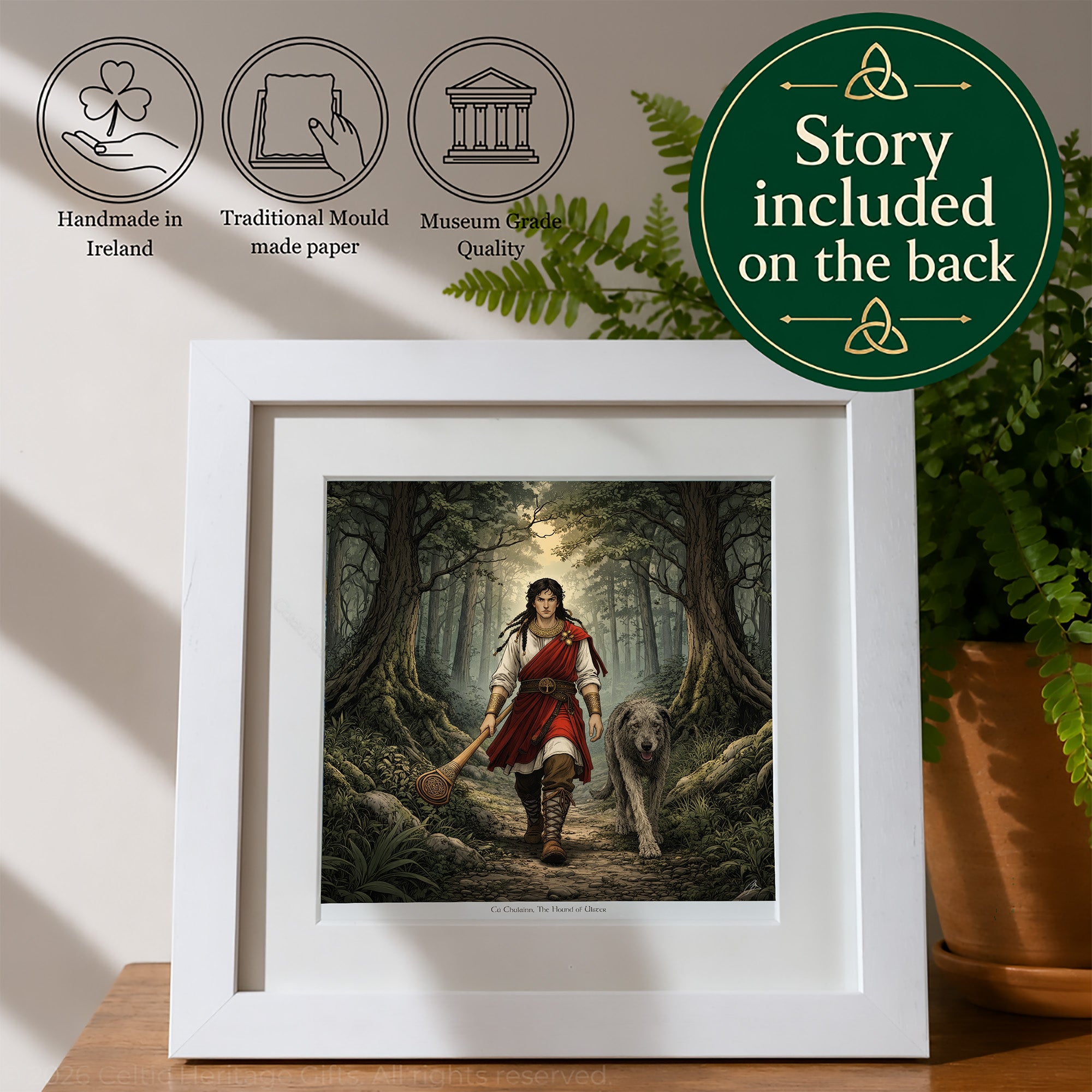 A framed art print featuring a fantasy illustration of a warrior with a sword and shield walking through a forest with a wolf, displayed on a wooden surface. The frame is white, and the background includes decorative plants and informational graphics.