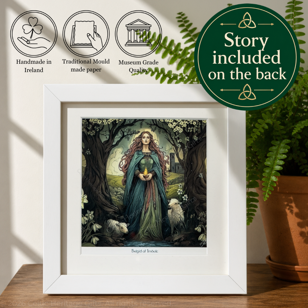 8x8 inch mounted Brigid of Imbolc Irish art print by Ciara Jacob, museum-grade fine art paper, handmade in Ireland, story included on the back