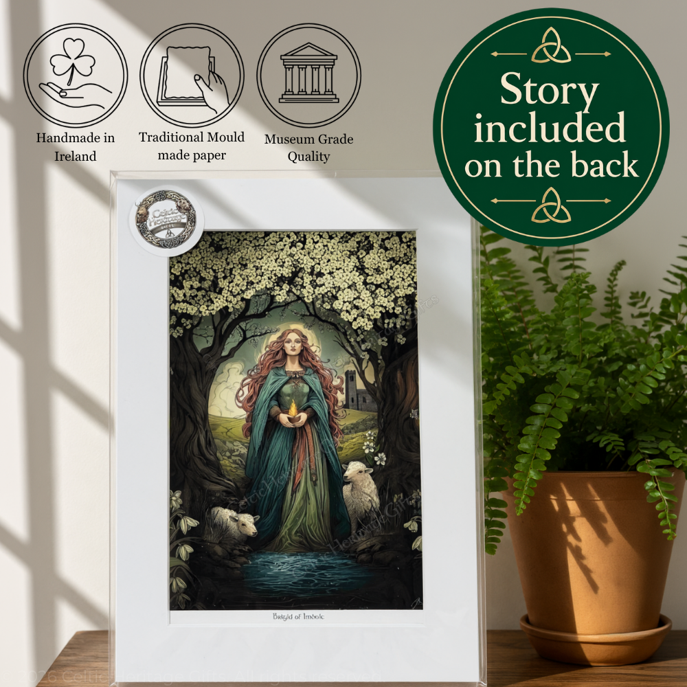 A4 mounted Brigid of Imbolc Irish art print by Ciara Jacob, museum-grade fine art paper, handmade in Ireland, story included on the back