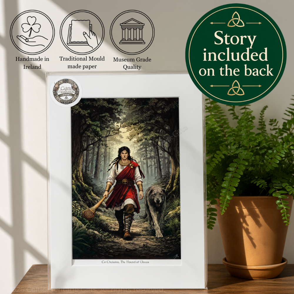 A4 Mounted print of Cú Chulainn Irish mythology wall art print by Ciara Jacob, Celtic hero with Irish wolfhound in woodland, handmade frame made in Ireland, story included