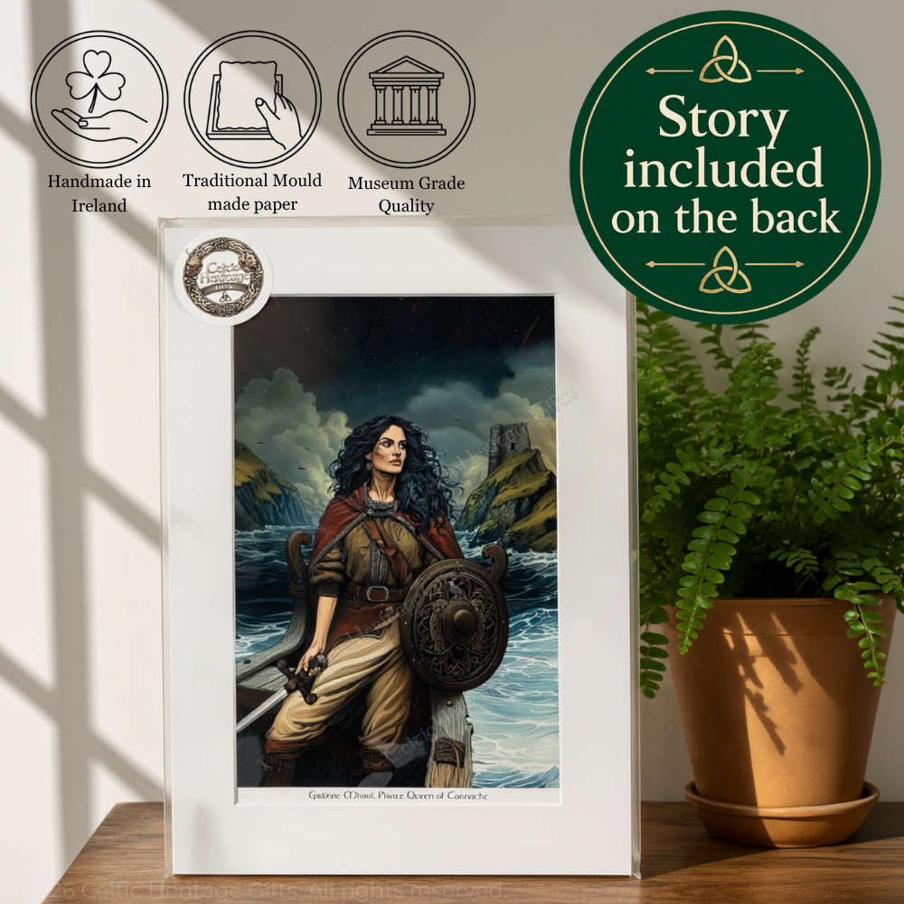 A4 mounted Gráinne Mhaol (Grace O’Malley) Irish art print by Ciara Jacob, Pirate Queen of Connacht on boat with Kildavnet Castle Mayo, museum-grade fine art paper, story included on the back