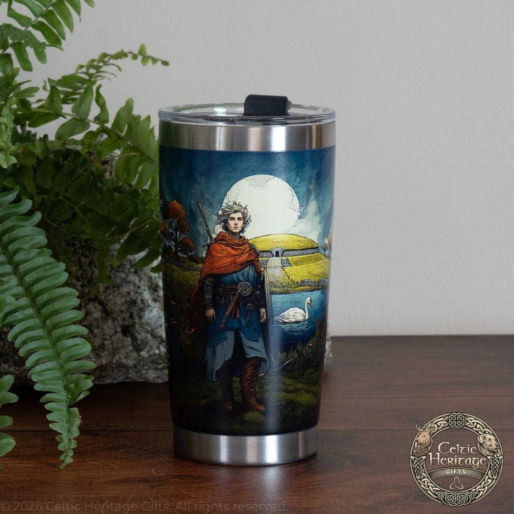 Óengus Celtic God of Love 20oz vacuum insulated stainless steel travel mug with Newgrange spill resistant lid straw opening