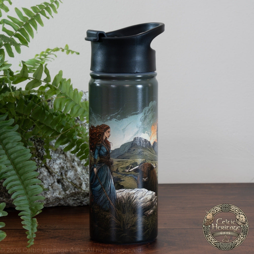Queen Medb of Connacht 500ml stainless steel water bottle with Brown Bull of Cooley Ben Bulbin Sligo Irish designed
