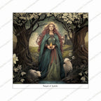 Brigid of Imbolc Celtic art print holding eternal flame with spring lambs on the Curragh Kildare