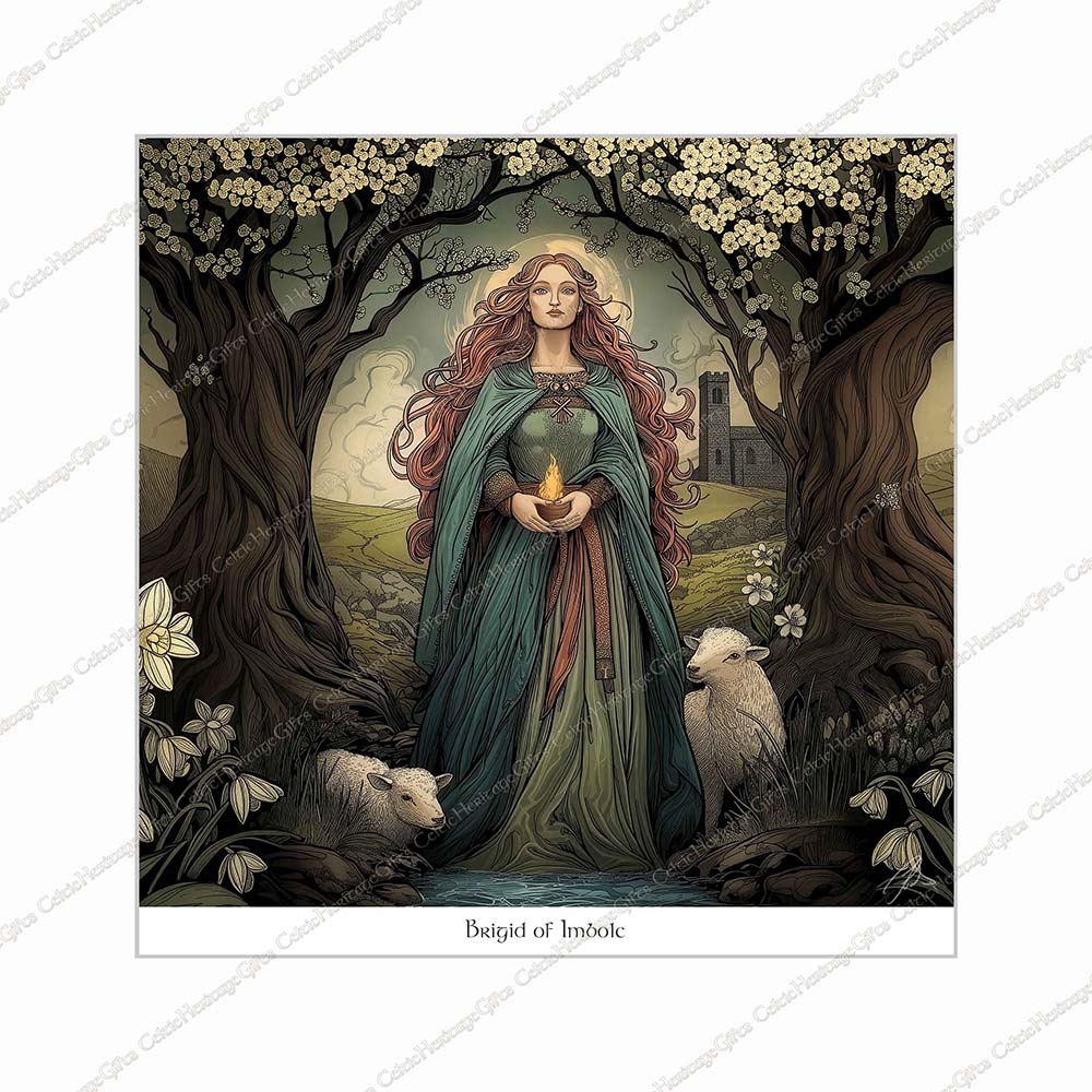 Brigid of Imbolc Celtic art print holding eternal flame with spring lambs on the Curragh Kildare