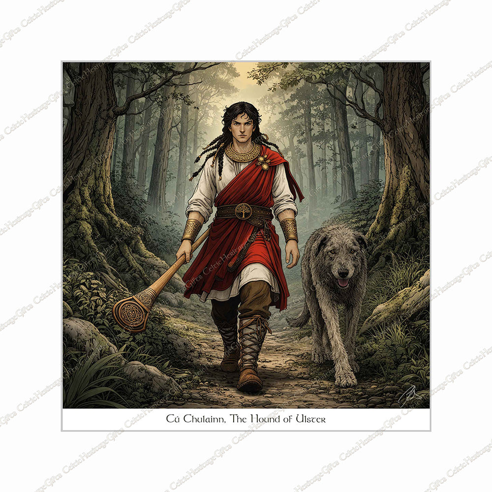 Cú Chulainn The Hound of Ulster Celtic art print with Irish wolfhound in Irish woodland