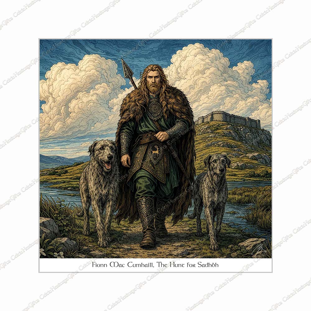 Fionn Mac Cumhaill Celtic art print with Irish wolfhounds on Bog of Allen Kildare