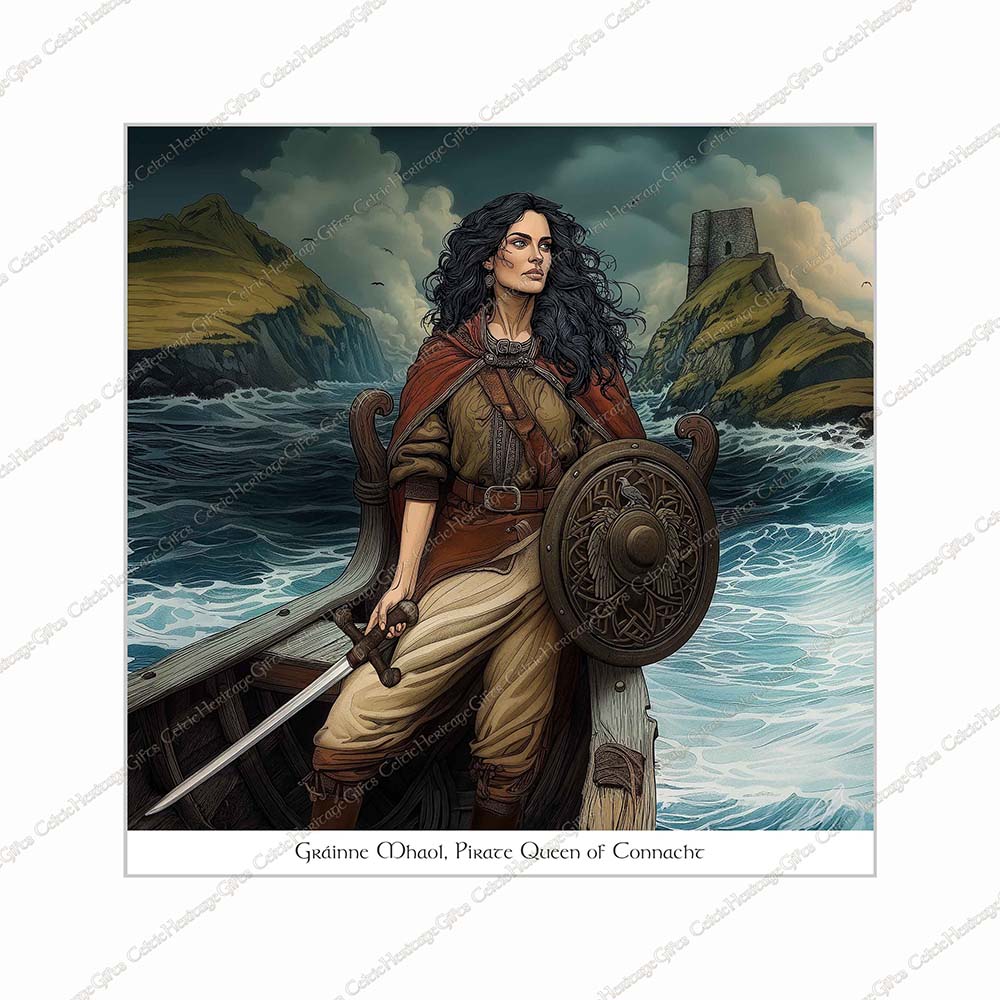 Gráinne Mhaol Pirate Queen of Connacht Celtic art print boat with Kildavnet Castle Mayo