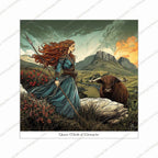 Queen Medb of Connacht Celtic art print with Brown Bull of Cooley overlooking Ben Bulbin Sligo