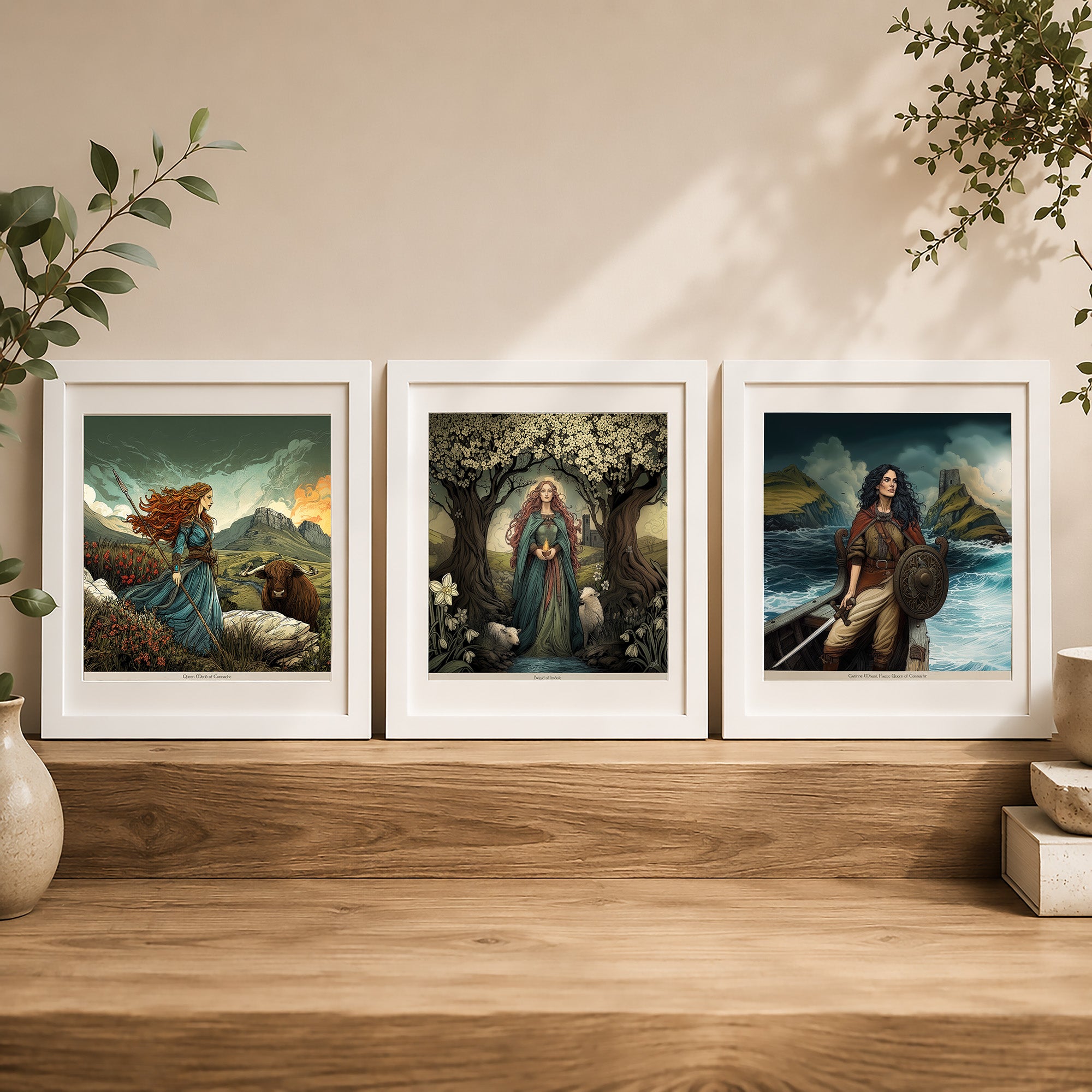 Three framed art prints with white frames are displayed side-by-side on a wooden shelf against a beige wall, decorated with green leaves and small ceramic vases.
